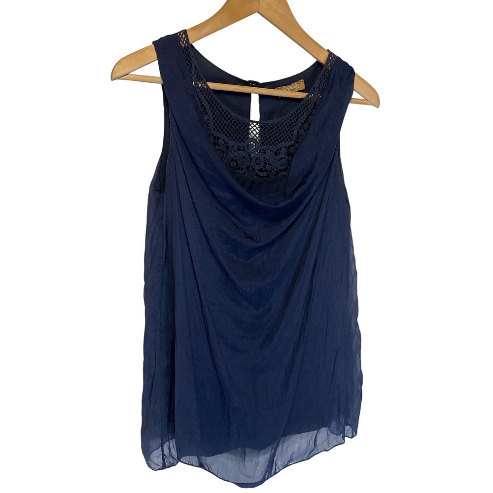 Carla Conti‎ Italy Silk Draped Neck Crochet Lace Blouse Blue Size Small EUC